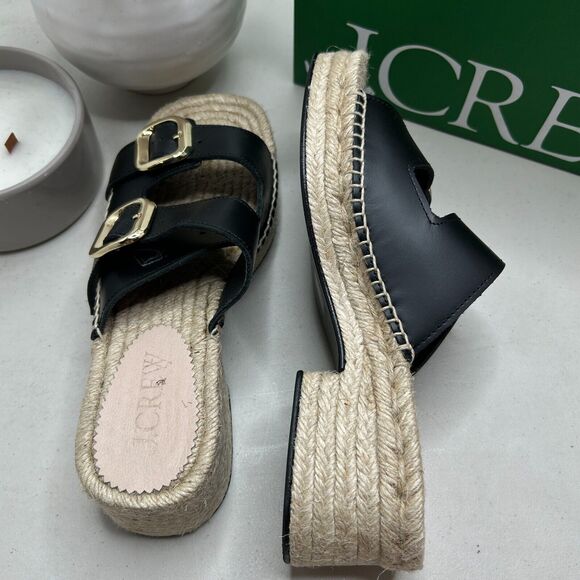 J. Crew Block-Heel Espadrille Sandals Leather Raffia Slip-on Black Women's 9 NWB - Picture 7 of 12
